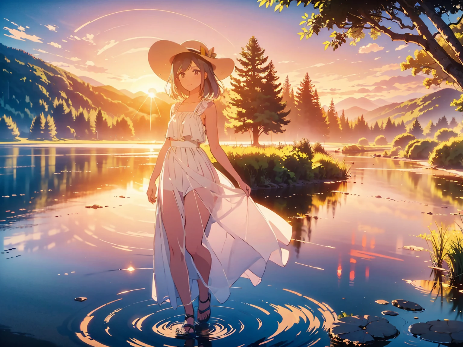 Photomontage art of a girl,landscape photography shot with Canon EOS M6 Mark II with Canon EF-M 32mm f-1.4,portrait photograph shot on Fujifilm Acros II,1girl, Sun hat, Beach sandals,looking at another,glitch art,revolve round ,circle,dusk, gradient sky,horizon,(mountainous horizon:1.1),orange sky, sunlight, sunrise, sunset,(tree:1.3),(Sunset reflected in a puddle:1.4),(in the forest:1.5),(puddle:1.3), after rain,white frills chiffon sleeveless tops, white tulle maxi skirt dress,mermaid line, wicker basket bag,aerial view,smiling