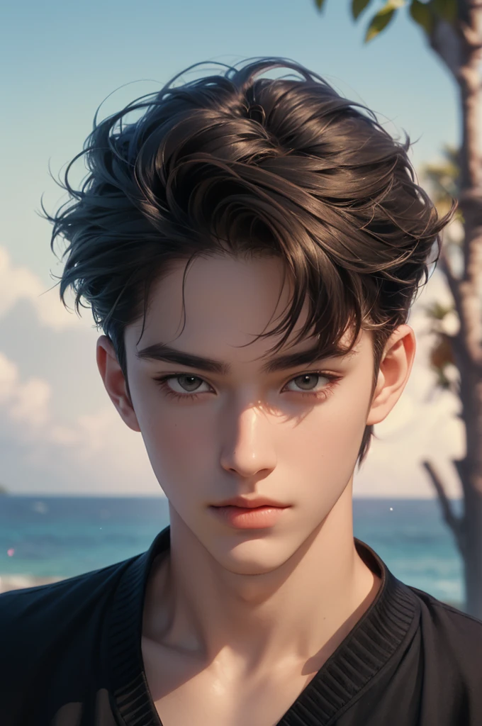 ((Best quality)), ((masterpiece)), (detailed), ((perfect face)), ((halfbody)) handsome face, male, teen boy, perfect proportions , a character from manhwa webtoon orange marmalade, blue short hair, male version , detailed background, detailed scenery background