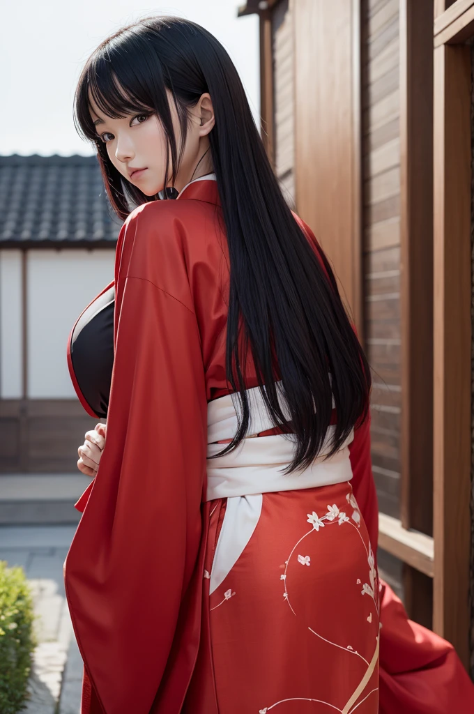 アニメ. 2d. red kimono. Bblack hair.