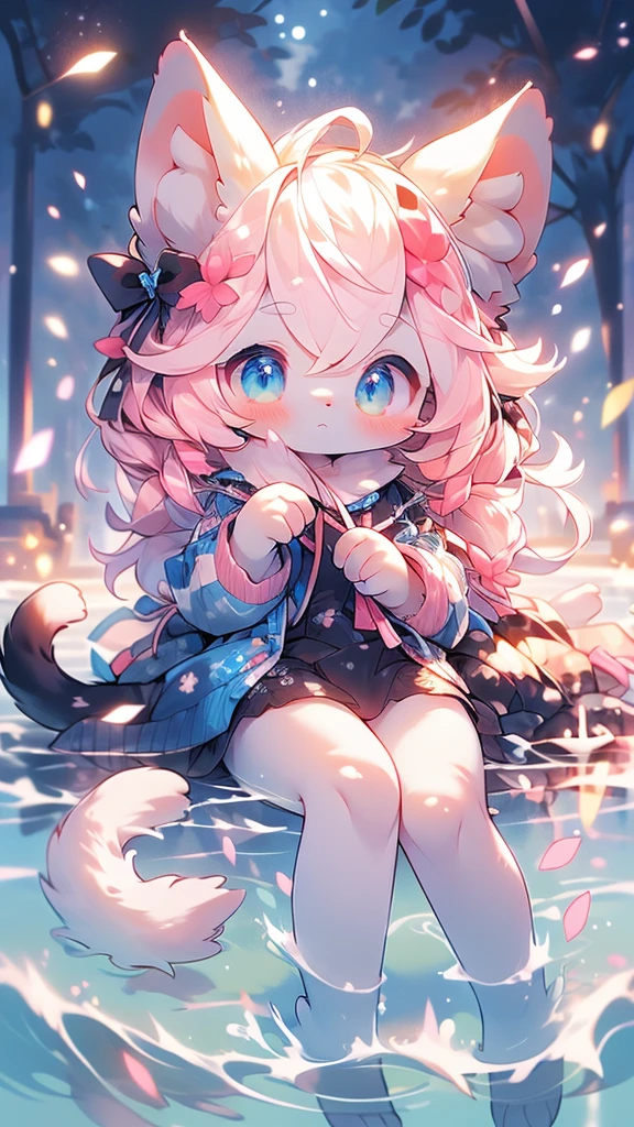 Extremely detailed, pretty, Fair, masterpiece, best quality, Calming color palette, A calm mood,White,White绒毛,Fluffy white ears and tail,Lying down, blush,HD Wallpapers,16k resolution, Powerful blue eyes,hairy尾巴,Pink cat ears,Plush body,paw,hairy,浑身hairy,Long legs,blush,White迷你裙,White毛发