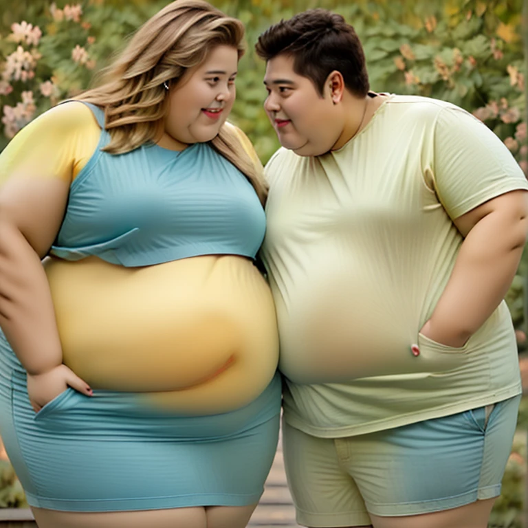 A friendly obese man and woman couple, belly and chest touching, Women weigh more than men, abdominal exposure, belly fat, severe abdominal obesity, Facing each other, photorealistic, 8K