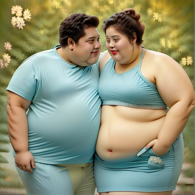 A friendly obese man and woman couple, belly and chest touching, Women weigh more than men, abdominal exposure, belly fat, severe abdominal obesity, Facing each other, photorealistic, 8K