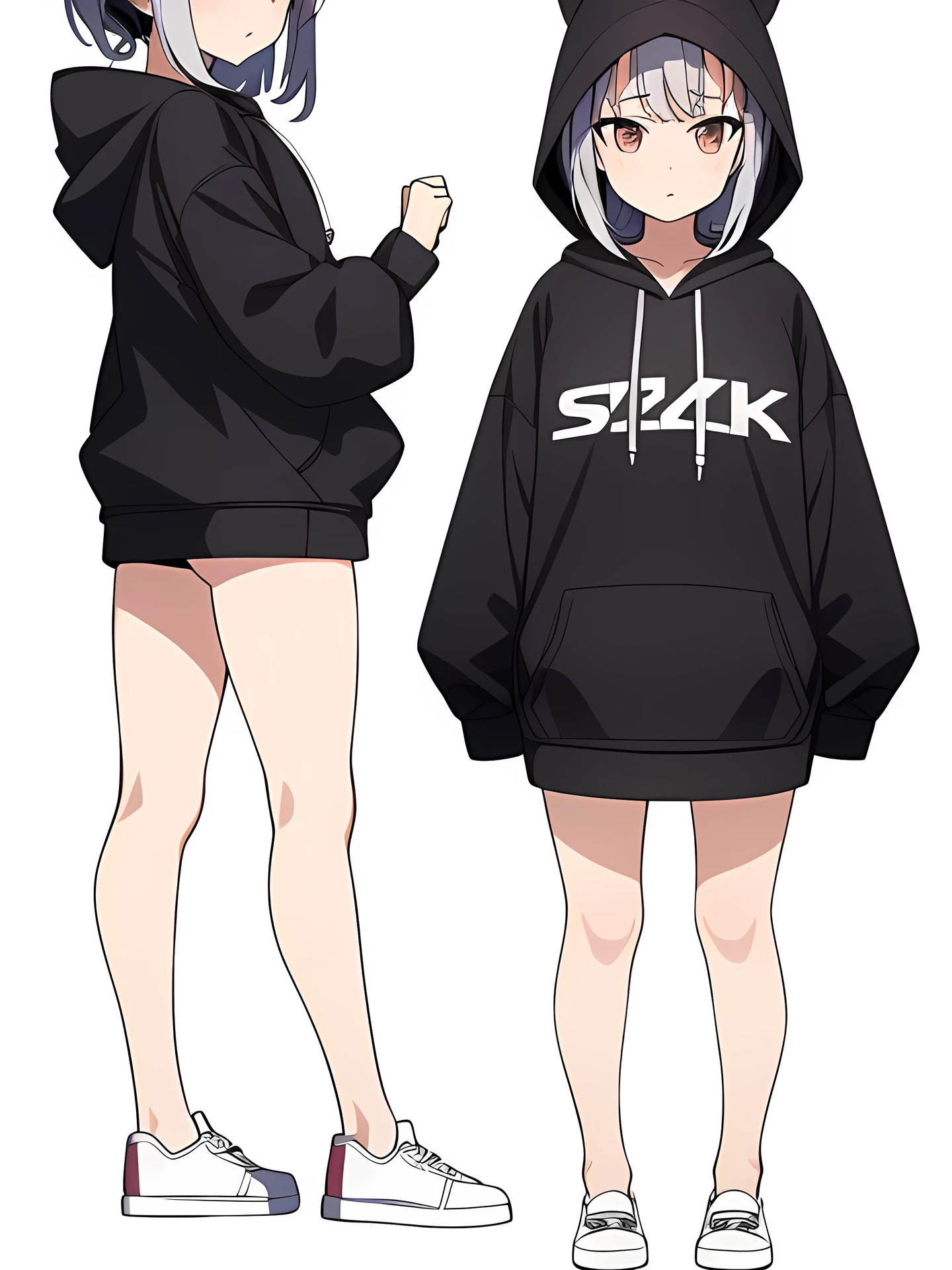 best quality, 4k, 8k, 1 girl, solo, ツインテール, chibi, (simple background, white background:1.4), full body, standing, jiraikei fashion, (hoodie, oversized clothes:1.4)