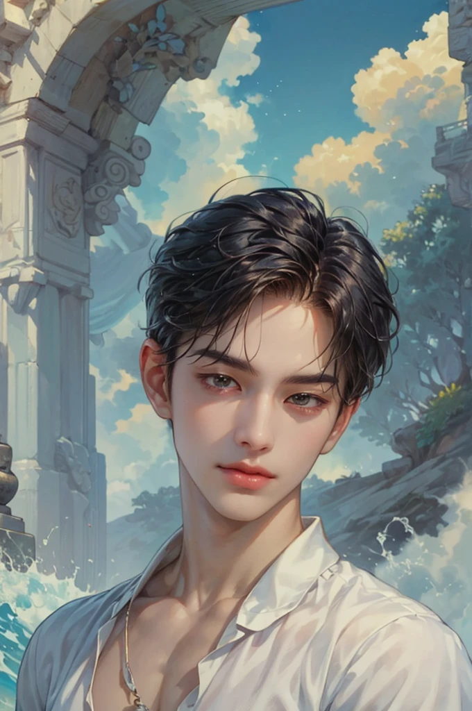 ((Best quality)), ((masterpiece)), (detailed), ((perfect face)), ((halfbody)) handsome face, male, teen boy,  perfect proportions , a character from manhwa webtoon orange marmalade, ((blue)) short hair, male version , detailed background, detailed scenery background 