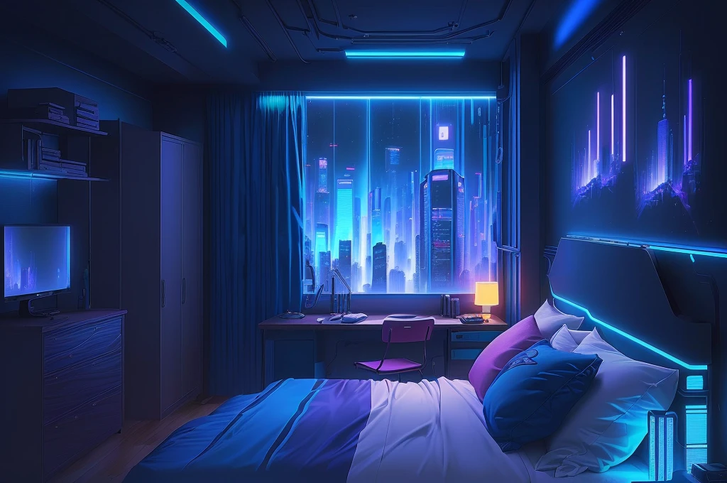 There is a room with a bed, a table, and a window, Personal room background, anime background technology, Anime Background, Cyberpunk bedroom at night, Cyberpunk Teen Bedroom, Anime movie background, interior background technology, Shinkai Makoto Studio, Shinkai Makoto Cyril Rolando, Nostalgic Melancholy Artwork, background technology, Blue Room, colorful Anime Background