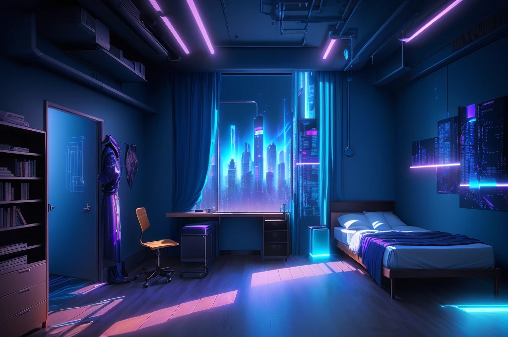 There is a room with a bed, a table, and a window, Personal room background, anime background technology, Anime Background, Cyberpunk bedroom at night, Cyberpunk Teen Bedroom, Anime movie background, interior background technology, Shinkai Makoto Studio, Shinkai Makoto Cyril Rolando, Nostalgic Melancholy Artwork, background technology, Blue Room, colorful Anime Background