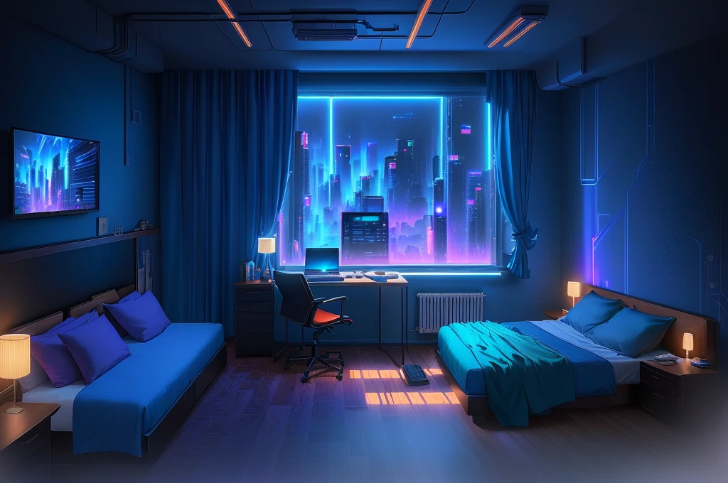 There is a room with a bed, a table, and a window, Personal room background, anime background technology, Anime Background, Cyberpunk bedroom at night, Cyberpunk Bedroom, Anime movie background, interior background technology, Shinkai Makoto Studio, Shinkai Makoto Cyril Rolando, Nostalgic Melancholy Artwork, background technology, Blue Room, colorful Anime Background