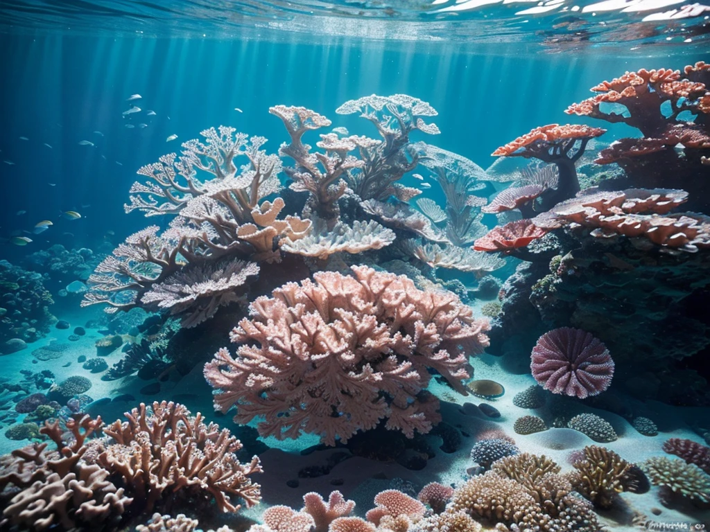 The swirling patterns of water waves cascade over vibrant coral reefs, creating a mesmerizing underwater landscape. This stunning image, whether captured in a photograph or expertly painted, depicts the intricate beauty of marine surfaces in intricate detail. The crystal-clear waters reveal a myriad of colors and textures, from the delicate corals to the shimmering sunlight dancing on the waves. Each element is captured with precision and vividness, immersing viewers in the awe-inspiring world beneath the sea.