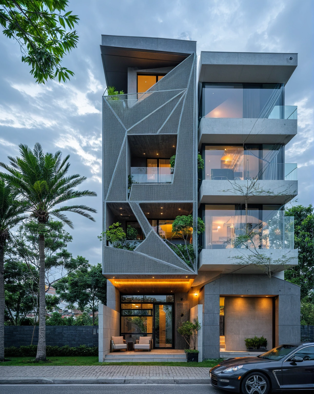 Masterpiece, high quality, best quality, authentic, super detailed, outdoor, 4-storey townhouse, aiaigroup, modern house style on the street, stairs, gray wall, facade perforated aluminum panels brushed aluminum color, led light, road, sidewalk, grass, trees, sky, clouds, (daylight: 1.1)