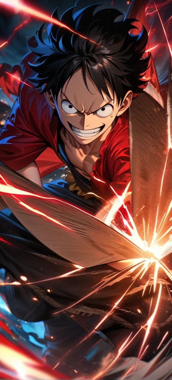  High quality, ,absurdres, highres, ultra detailed, HDR, masterpiece, extremely detailed face and eyes,  Luffy , One Piece,, Black hair ,red shirt, solo, ,man, handsome, ,, Epic fight scene, red splashing effect,red lightning  effect,glowing glitters , full effect, symetrical 