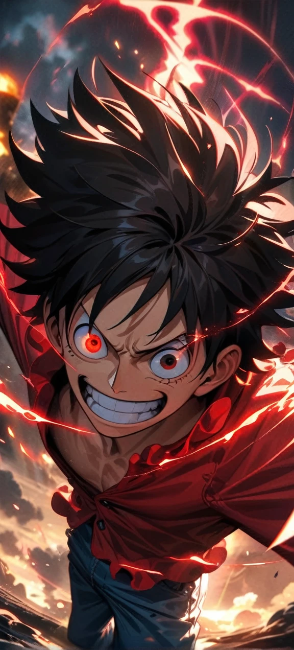 High quality, ,absurdres, highres, ultra detailed, HDR, masterpiece, extremely detailed face and eyes, Luffy , One Piece,, Black hair ,red shirt, solo, ,man, handsome, ,, Epic fight scene, red splashing effect,red lightning effect,glowing glitters , full effect, symetrical