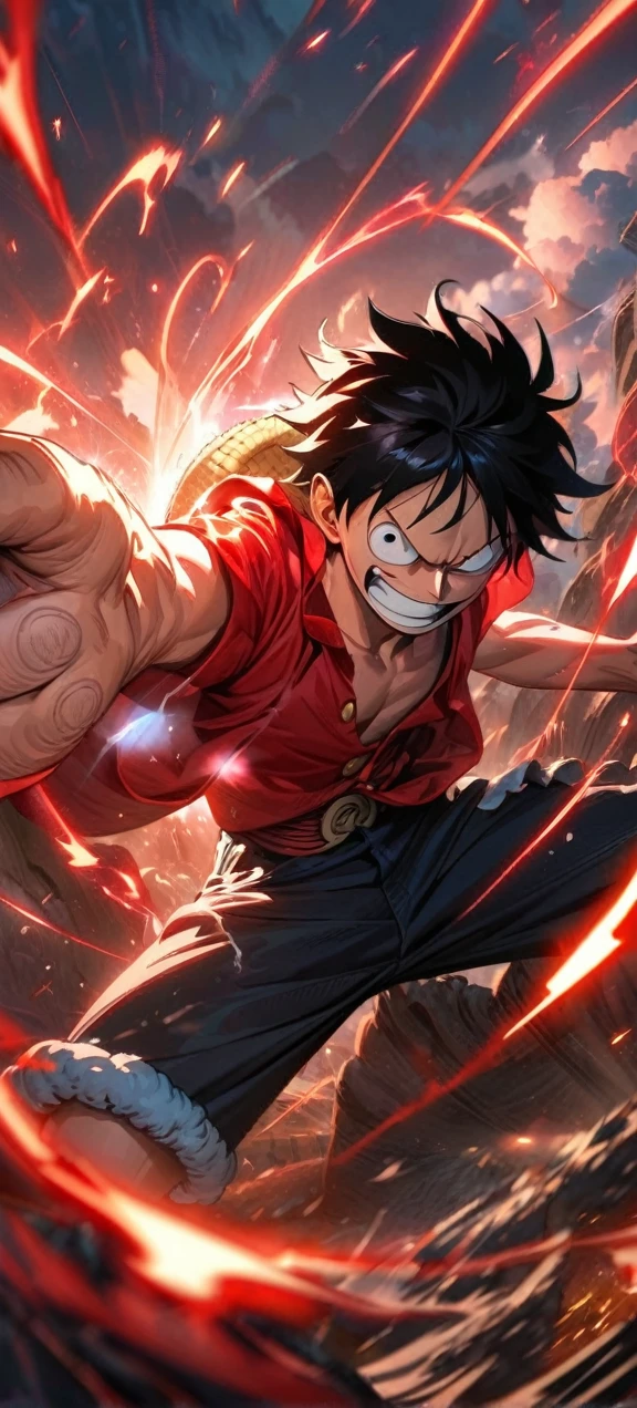 High quality, ,absurdres, highres, ultra detailed, HDR, masterpiece, extremely detailed face and eyes, Luffy , One Piece,, Black hair ,red shirt, solo, ,man, handsome, ,, Epic fight scene, red splashing effect,red lightning effect,glowing glitters , full effect, symetrical