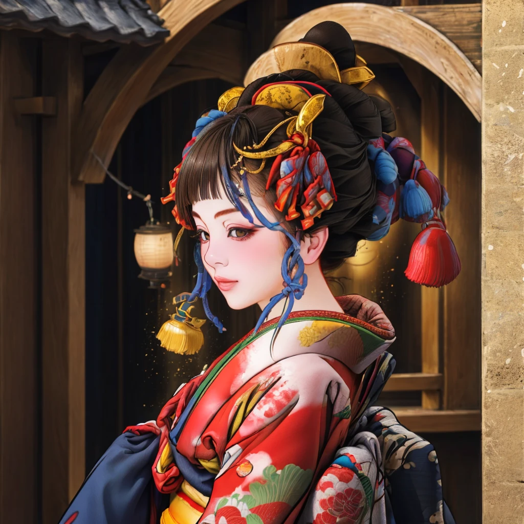 1 Girl, alone, Oiran, Maiko, country, Looking at the audience, short hair, Brown eyes, Brown Hair, Black Hair, hair ornaments, Upper Body, kimono, Blunt bangs, kimono, sash, Compensate, Bob cut hair,