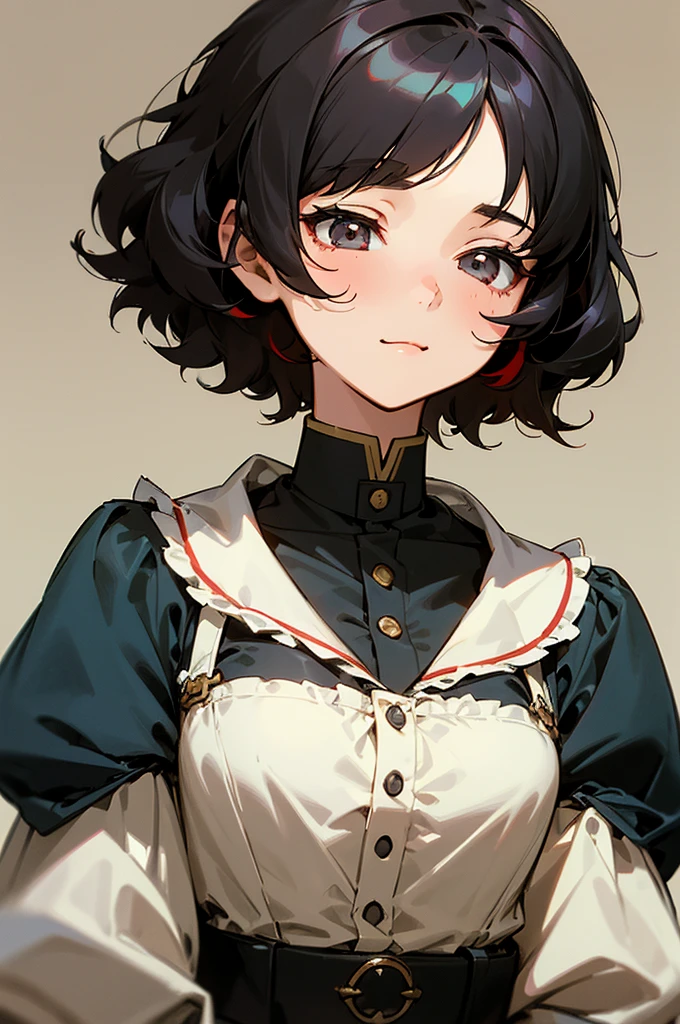 a cute girl, gorgeous face, has a sleepy look, expression of laziness, a soft expression and a sleepy aura, she is smiling a little, curly short hair, black hair with red highlights, sleepy gray eyes, wears a military outfit from the Victorian era, small breast, , anime style.
