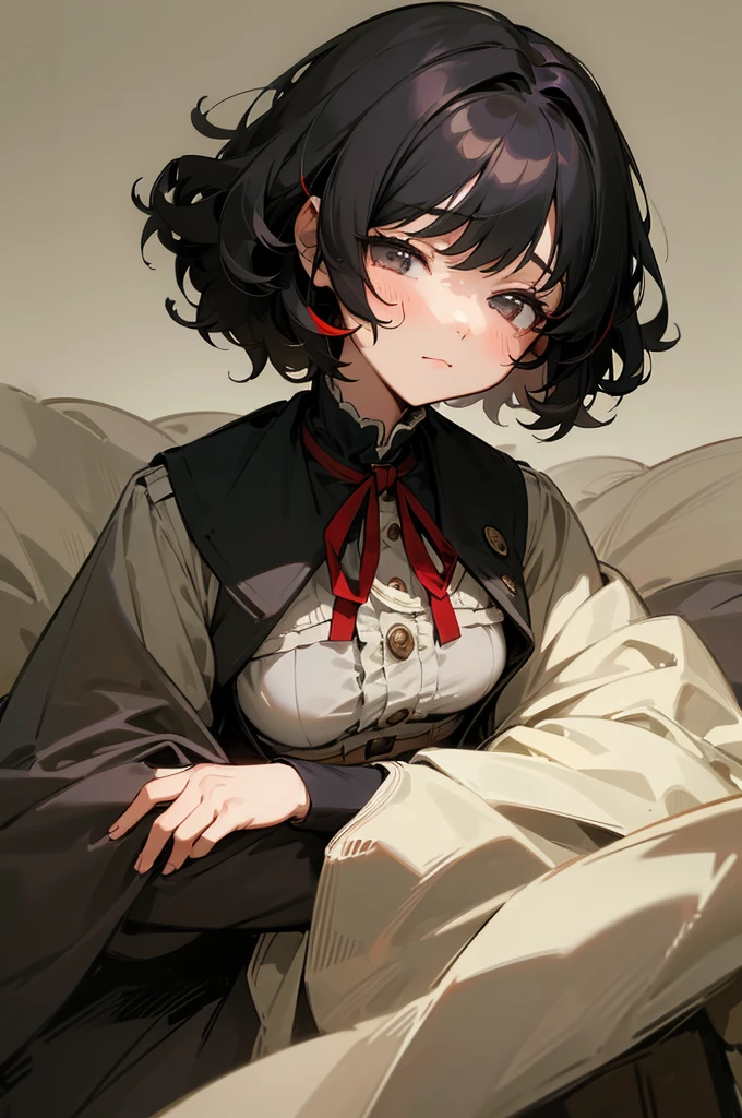 a cute girl, gorgeous face, has a sleepy look, expression of laziness, a soft expression and a sleepy aura, she is smiling a little, curly short hair, black hair with red highlights, sleepy gray eyes, wears a military outfit from the Victorian era, small breast, , anime style.