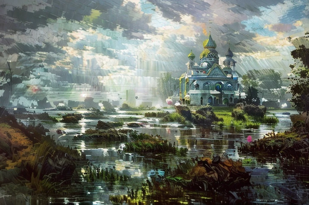 In this mystical scene a shining Orthodox church rises from the murky waters of a primordial swamp, the ornate green domes and crosses of the church are shrouded in mist, in the background a modern cityscape stretches beyond the horizon, sky and clouds, sunrise, undead, zombies burn, die in the swamp from the glow of the rays, the eerie silence of the swamp envelops the atmosphere, in the foreground grass and driftwood, by Aivazovsky , Stefan Koidl, Andrew Kuzinskiy, environmental artwork, awarded on artstation
