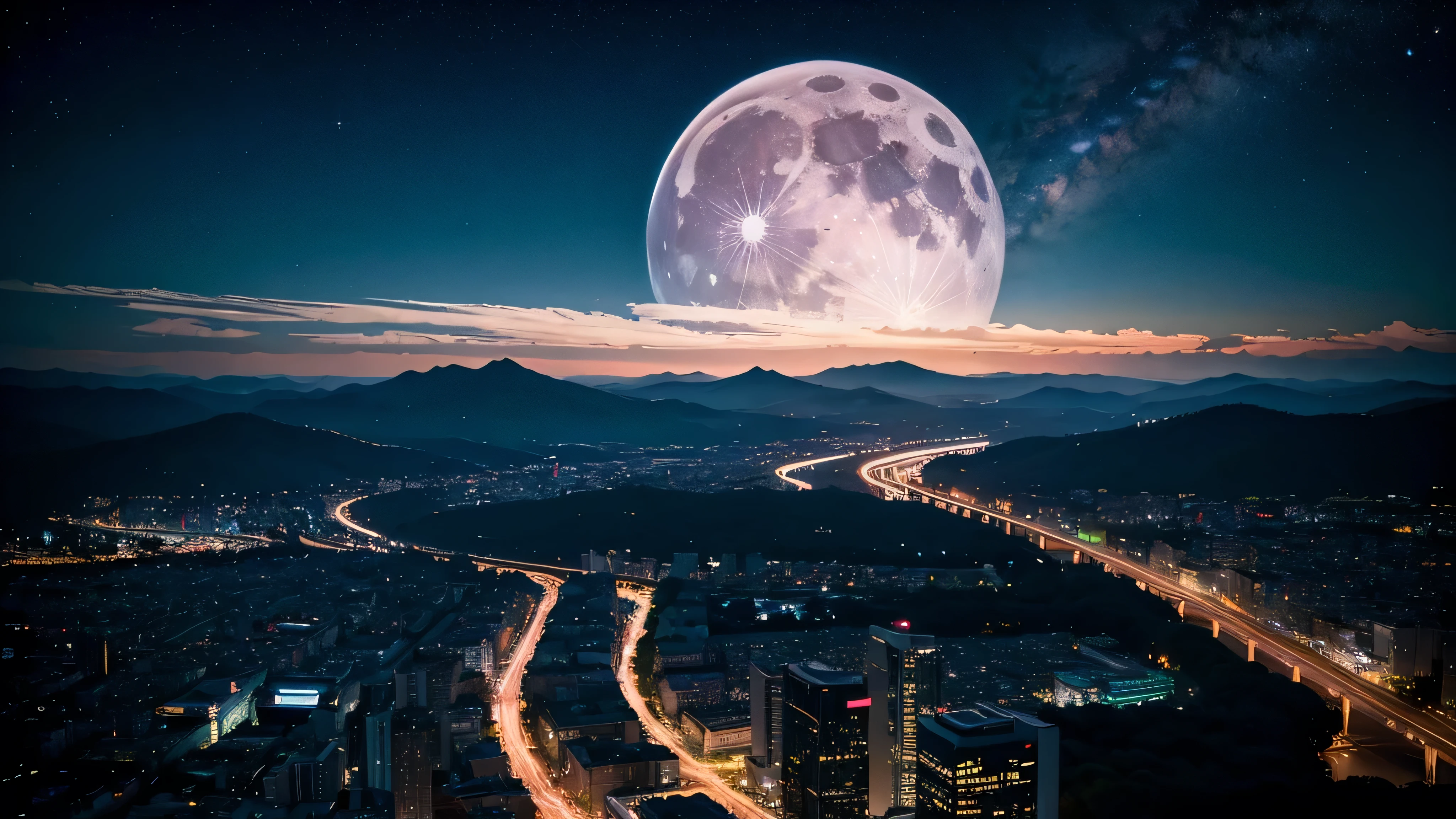 Wonderful landscape、Highest quality、Cityscape、Including sky、Starry Sky、night、Big Moon、Moonlit cityscape、building、There are no people, Makoto Shinkai's Worldview, 8K quality, Neon glows, Breathtakingly beautiful scenery,