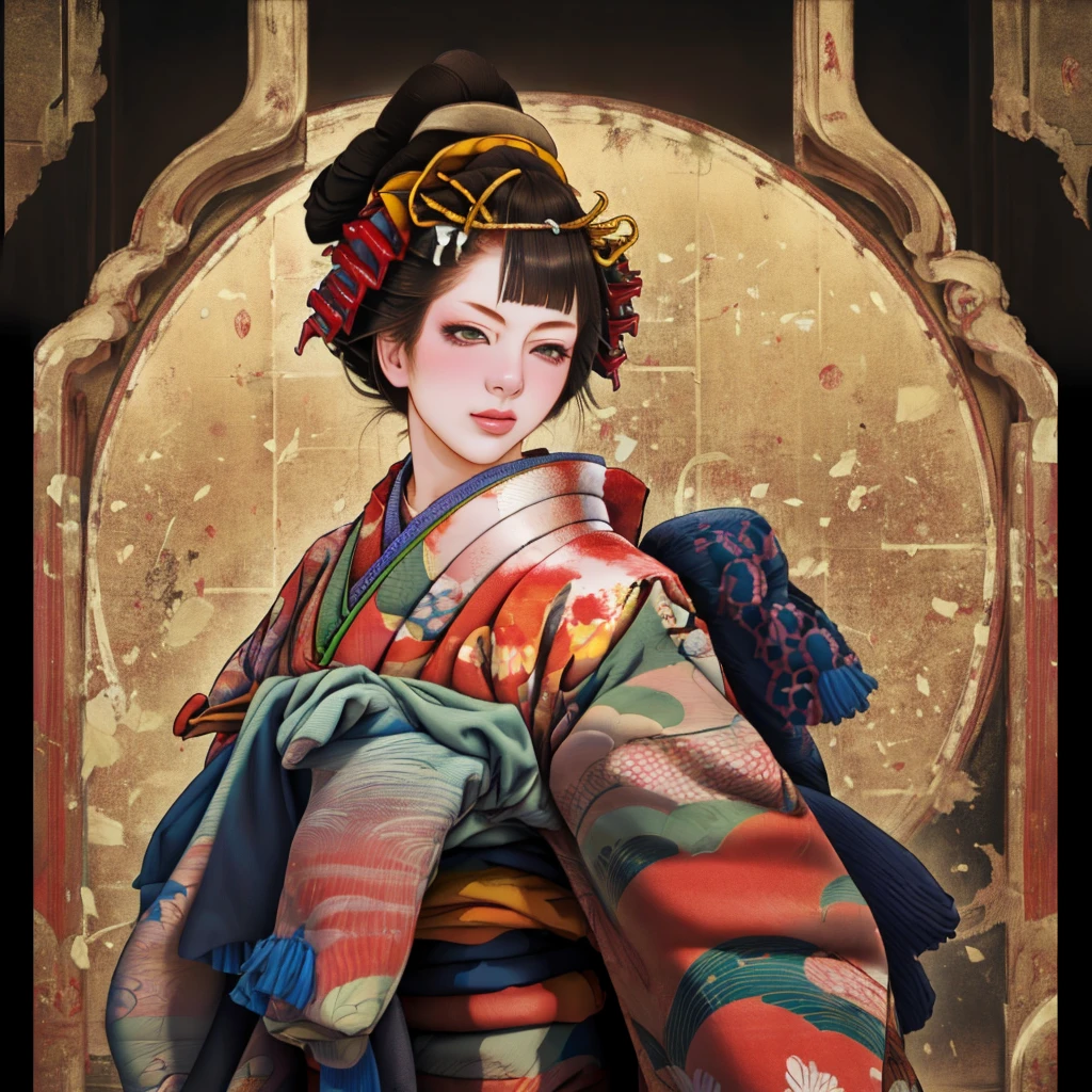 1 Girl, alone, Oiran, Maiko, country, Looking at the audience, short hair, Brown eyes, Brown Hair, Black Hair, hair ornaments, Upper Body, kimono, Blunt bangs, kimono, sash, Compensate, Bob cut hair,