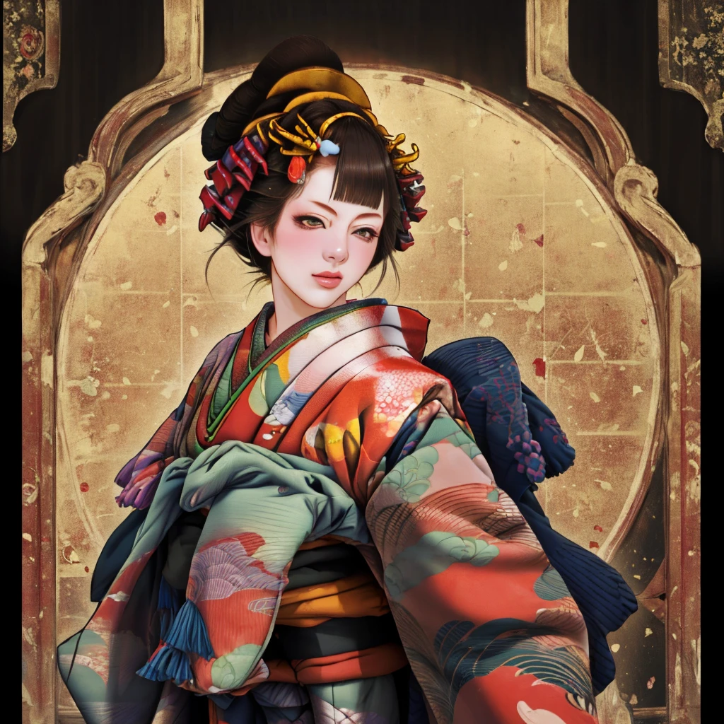 1 Girl, alone, Oiran, Maiko, country, Looking at the audience, short hair, Brown eyes, Brown Hair, Black Hair, hair ornaments, Upper Body, kimono, Blunt bangs, kimono, sash, Compensate, Bob cut hair,
