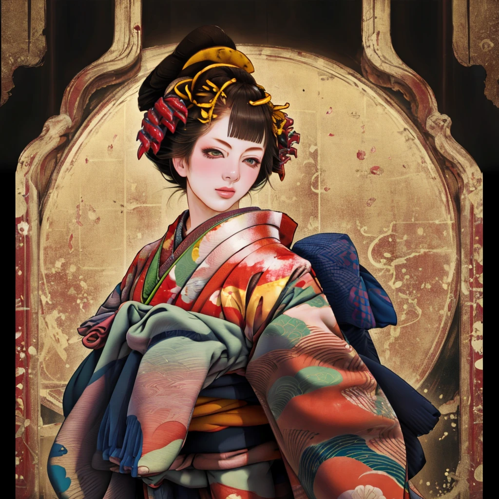 1 Girl, alone, Oiran, Maiko, country, Looking at the audience, short hair, Brown eyes, Brown Hair, Black Hair, hair ornaments, Upper Body, kimono, Blunt bangs, kimono, sash, Compensate, Bob cut hair,