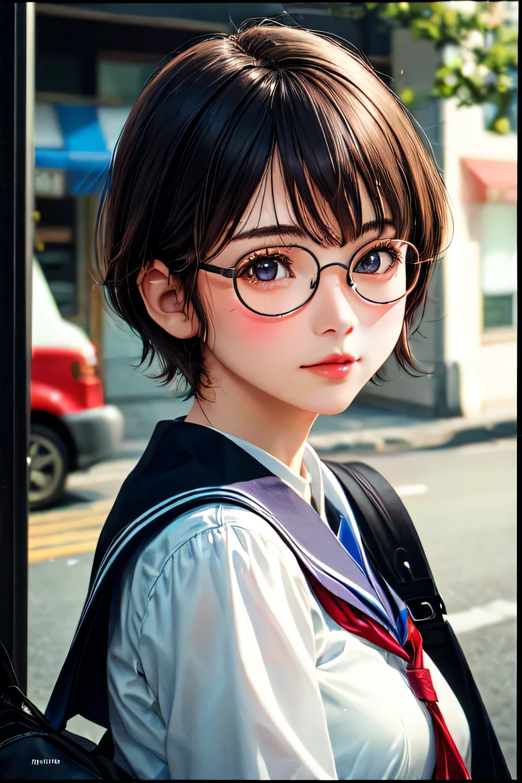 (a closeup of a beautiful 15-year-old girl on a 21th century street in a uniform of school), (Serious:0.5), (Highly detailed face:1.4), ass pov, Nikon D850, film stock photograph, 4 Kodak Portra 400, camera f1.6 lens, saturated colors, hyper realistic, lifelike texture, dramatic lighting, Cinestill 800,  Evening, Vintage lighting, short hair and Wear transparent round glasses JapaneseDollLikeness 