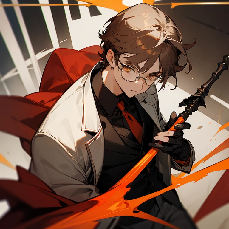 man,(brown hair),Wear square frame glasses,(Has white hair highlights),Wear a suit of the same color.,yellow eyes,holding a red and silver staff,Wear a black glove on the right hand.