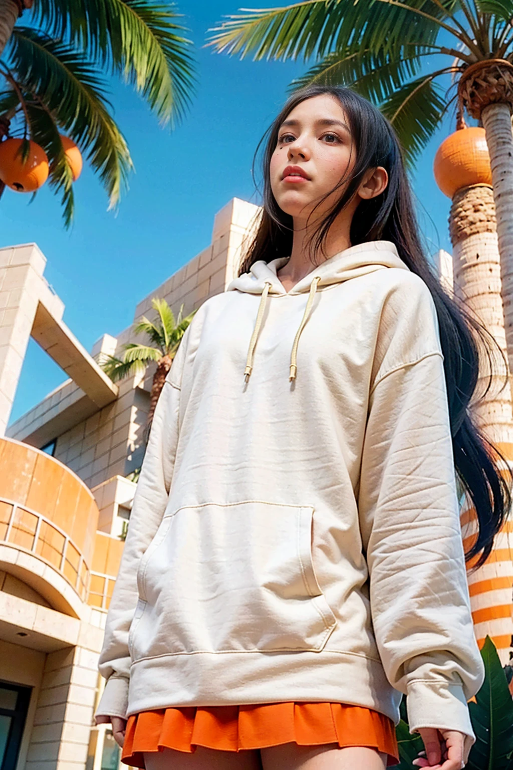 ((long shot photography)) ((best quality)), ((masterpiece)), (detailed),upper body,close-up, 8k, RAW photo,1 girl,real polaroid photo, beautiful, ultra-realistic,detail face ,light leak,dark intens shadow ,(black pixie hairstyles), almond eye, no makeup, (((blank orange oversized_hoodie))), (purple color tenis skirt),the scene takes in front on Lincoln Road Miami, (very detailed:1.1),(from below:1.2), (realistic:1.1), (surreal:1.2),palm trees,sunny,summer, blue sky