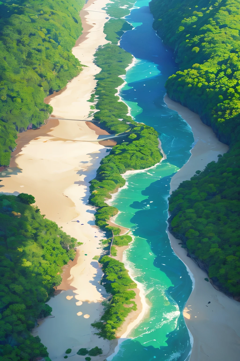 Create an illustrated top-down view design that transitions from the deep blue ocean to a sandy beach, seamlessly connecting to the Amazon River surrounded by the lush Amazon rainforest. Use vibrant, flat colors and a whimsical, artistic style. The ocean should have stylized waves merging into the shoreline, dotted with elements like seashells, starfish, and rocks. From the beach, show the mouth of the Amazon River winding through dense, imaginative greenery with tall trees, colorful plants, and exotic animals. The entire scene should be depicted from an overhead perspective, evoking a sense of wonder and natural beauty in a non-realistic, artistic manner.