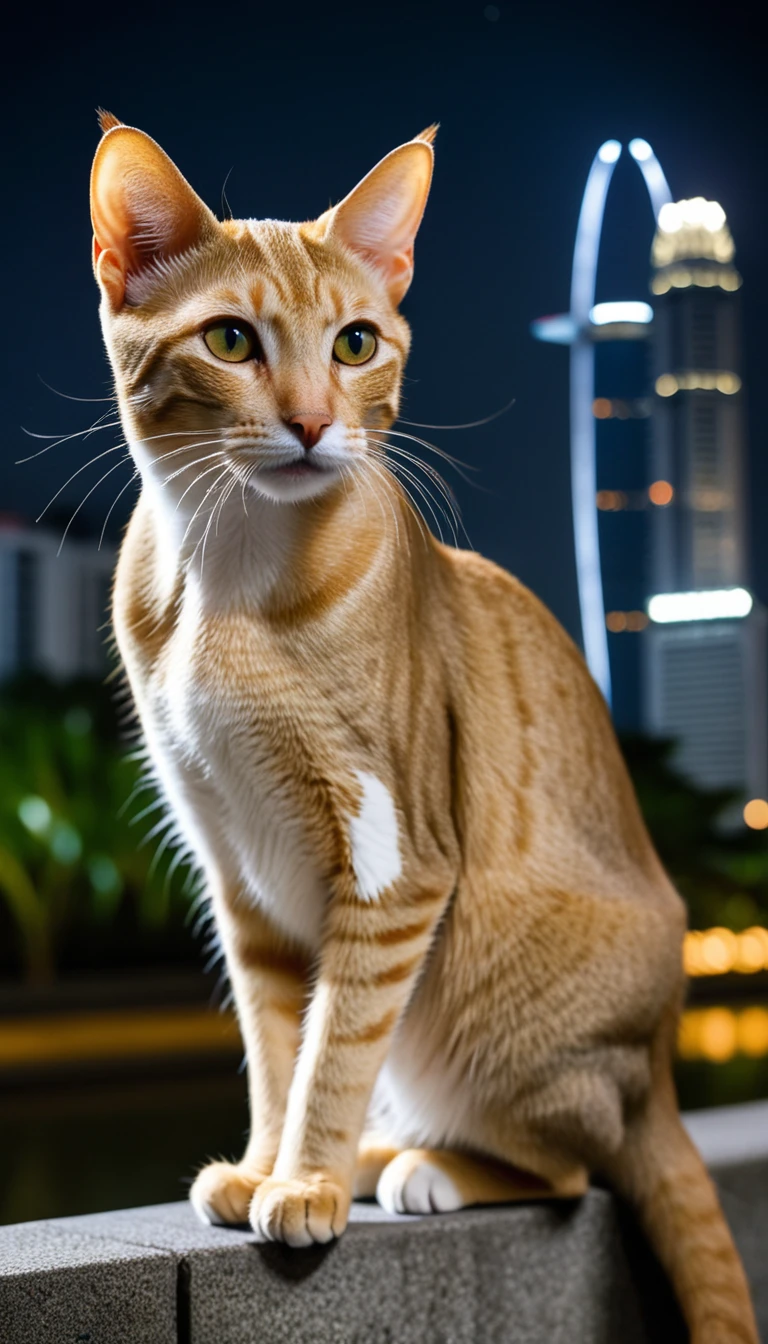 There is no one, realistic photo, photo realism, realism, Singapura (Singapore) cat, perfect composition, intricate details, Very sharp, masterpiece, profile, high resolution, looking at the viewer, full body photo in city night view