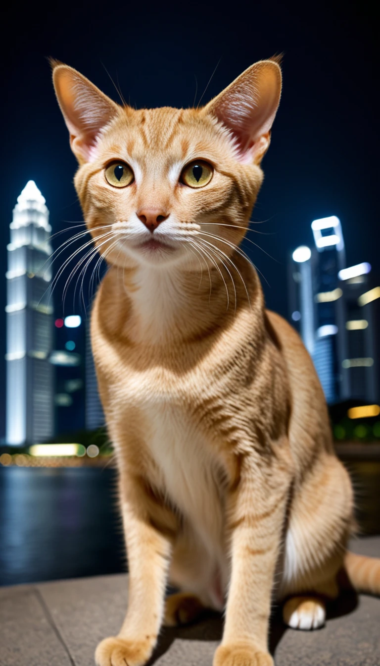 There is no one, realistic photo, photo realism, realism, Singapura (Singapore) cat, perfect composition, intricate details, Very sharp, masterpiece, profile, high resolution, looking at the viewer, full body photo in city night view