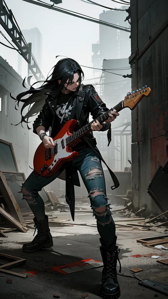 Capture a badass metal guy rocking out on his electric guitar in an abandoned building. He's dressed in classic metal attire—black leather jacket, band t-shirt, ripped jeans, and combat boots, with long hair and intense expression. The setting is a dilapidated, graffiti-covered building with broken windows and exposed brickwork, creating a gritty and raw atmosphere. The contrast between his powerful performance and the decayed surroundings should highlight the rebellious and unrestrained spirit of metal music."