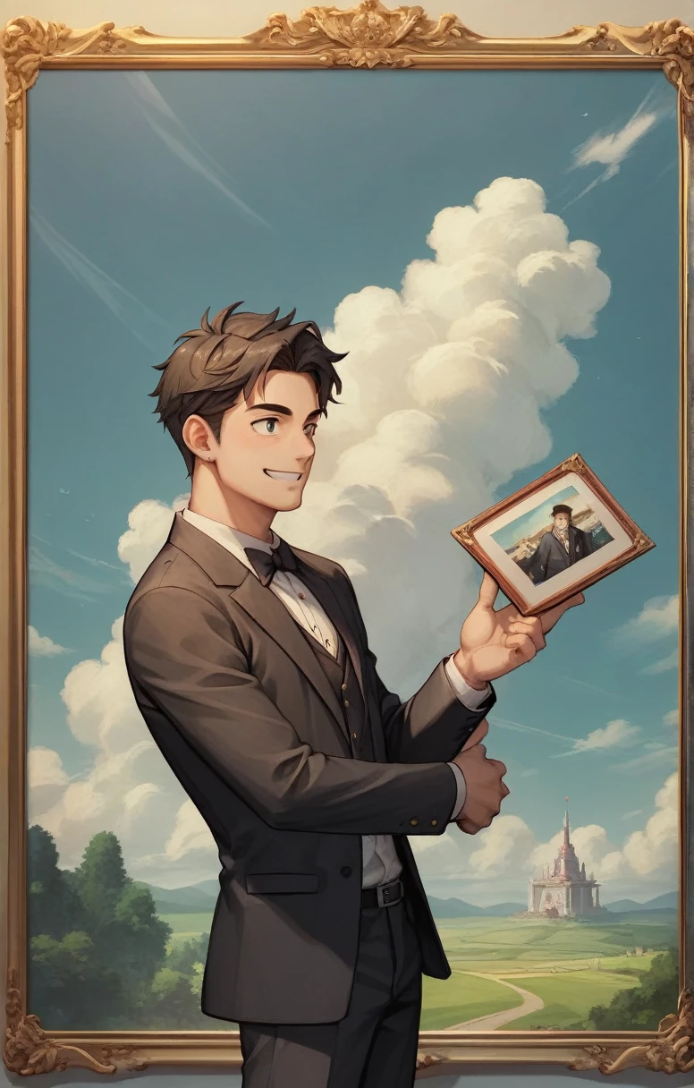 (best picture quality, masterpiece, anime), 1 man, age 40, smile, mysterious, black suit, dandy, 4K, best picture quality