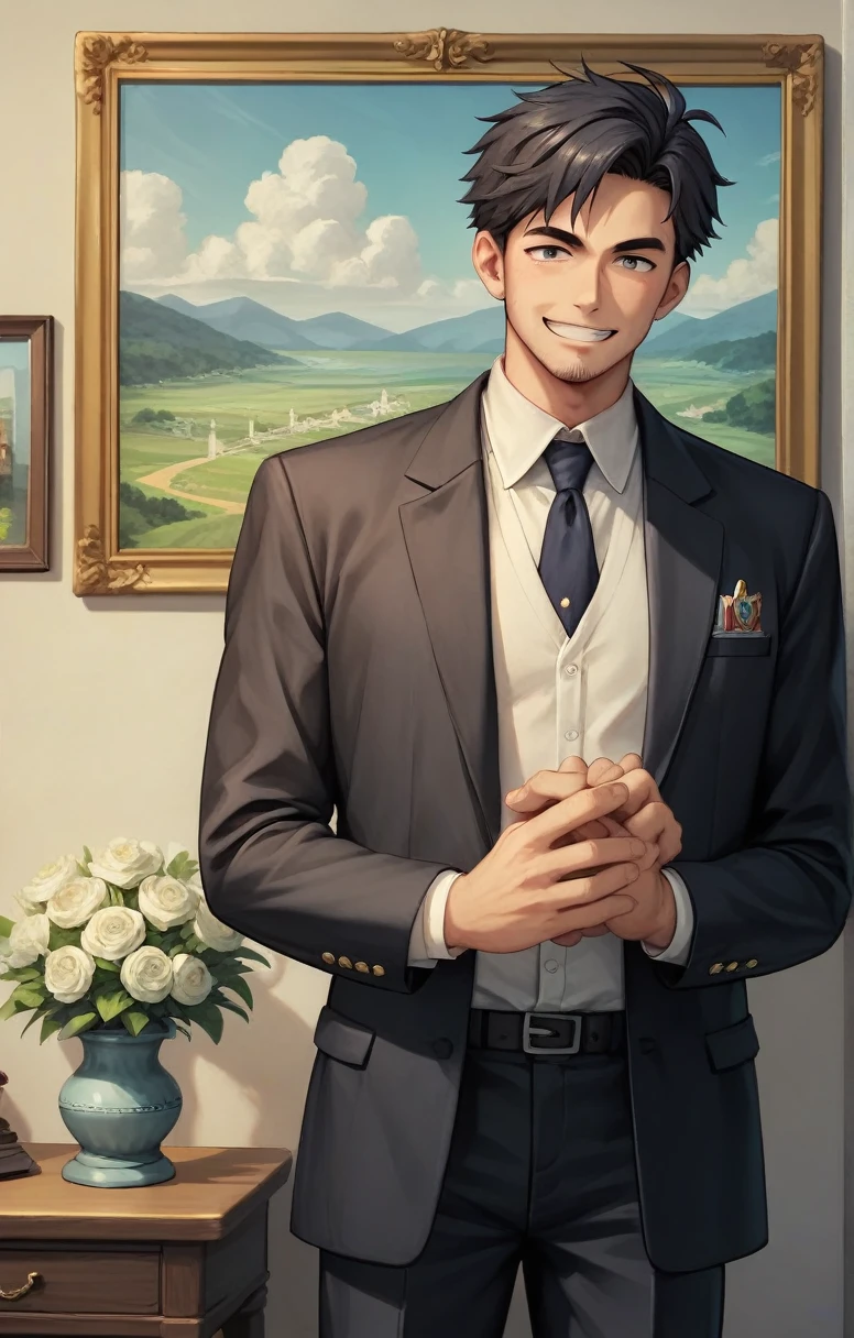 (best picture quality, masterpiece, anime), 1 man, age 40, smile, mysterious, black suit, dandy, 4K, best picture quality