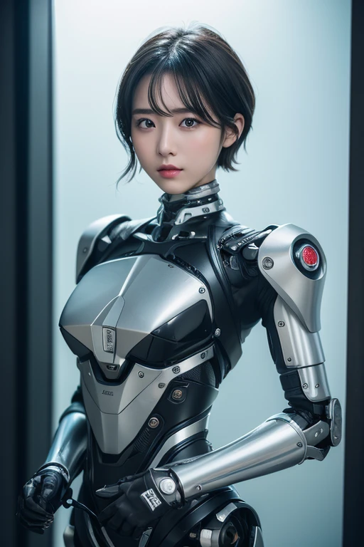 with the best quality、Express yourself as a short-haired robot girl, straight black hair,Nikon RAW shooting、8K、Fujifilm XT3、masterpiece、highest quality、genuine、perfect body beauty、profusely、blood vessels connected to tubes, mechanical vertebrae attached to the back, mechanically attach the cervical vertebrae to the neck、Combat uniform、((Genuine lighting、highest quality、8K、masterpiece:1.3))、clear focus:1.2,pretty girl。
