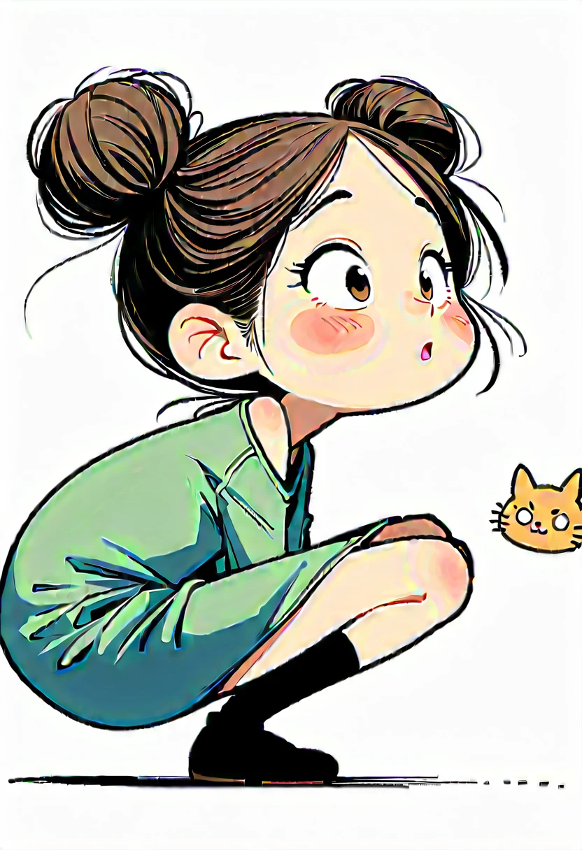 cartoonish character design。1 girl, alone,big eyes,Cute expression,Two hair buns,sideways,Squatting on the ground,Girl looking at the cat next to her,