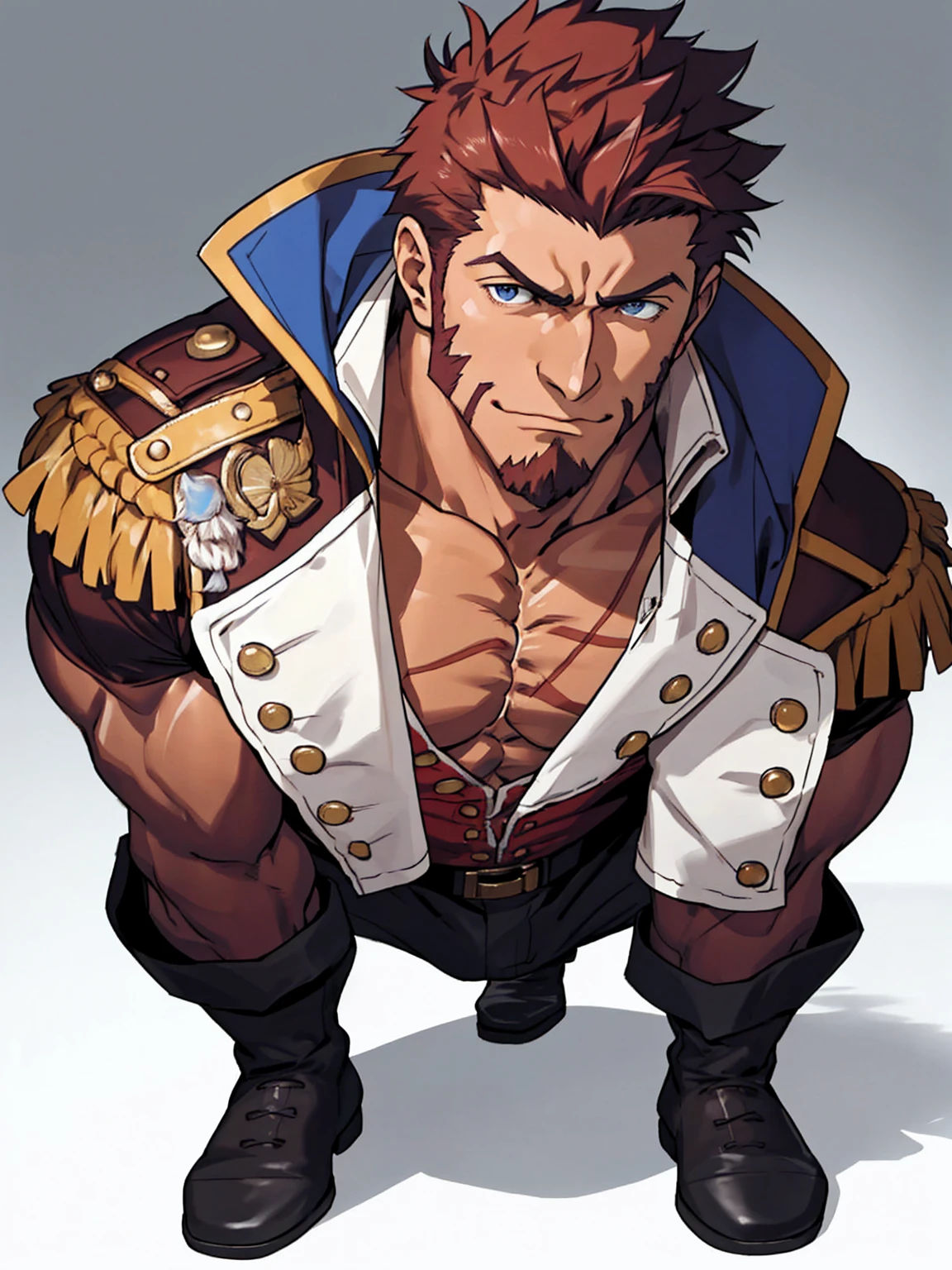 (Passionate, romantic), (Bara hunk with bulging muscles and rugged features, anatomically correct), (Best quality anime Fate), Napoleon Bonaparte from Fate, military uniform, showing off, (full body portrait)