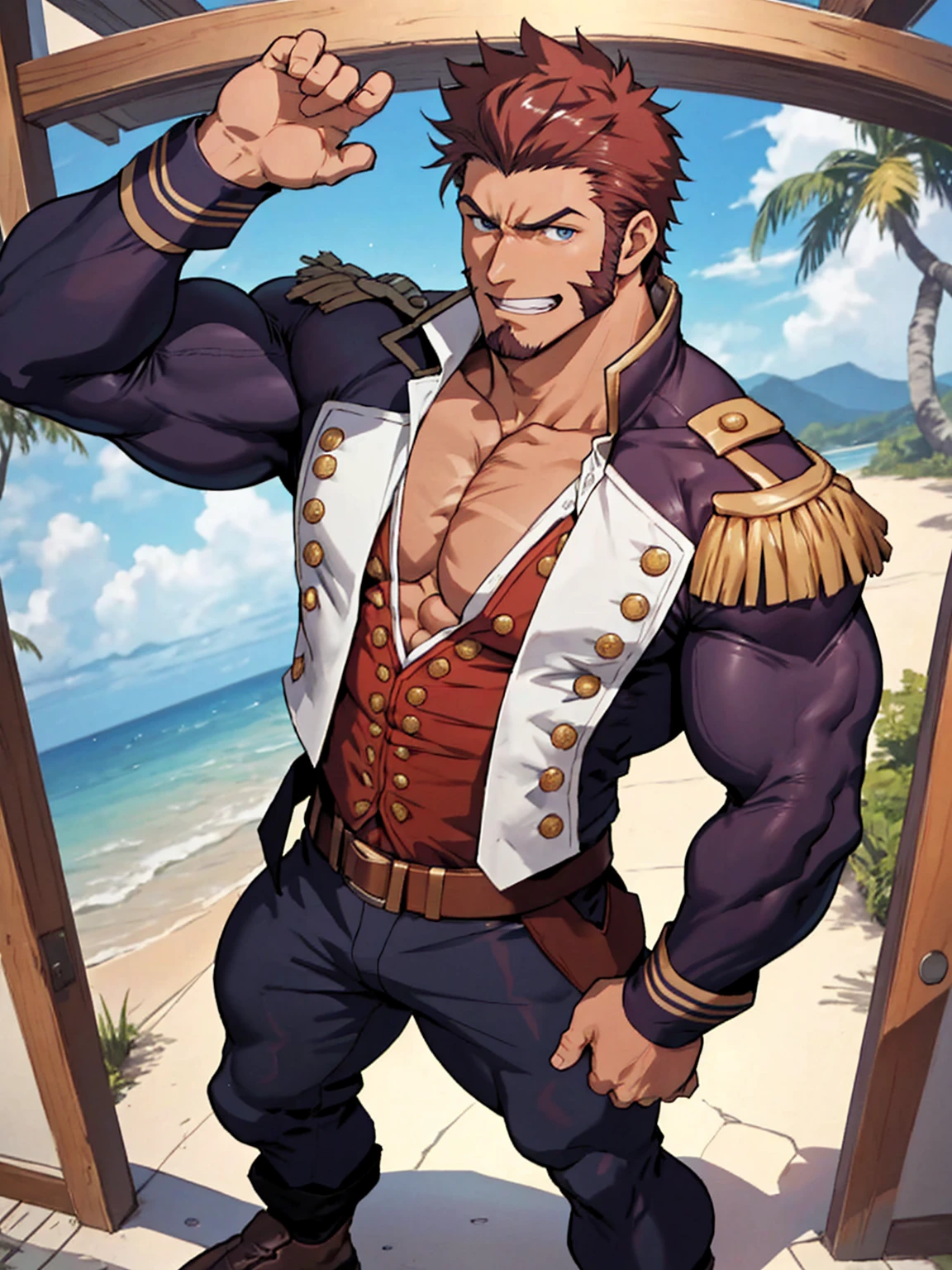 (Passionate, romantic), (Bara hunk with bulging muscles and rugged features, anatomically correct), (Best quality anime Fate), Napoleon Bonaparte from Fate, military uniform, showing off, (full body portrait)