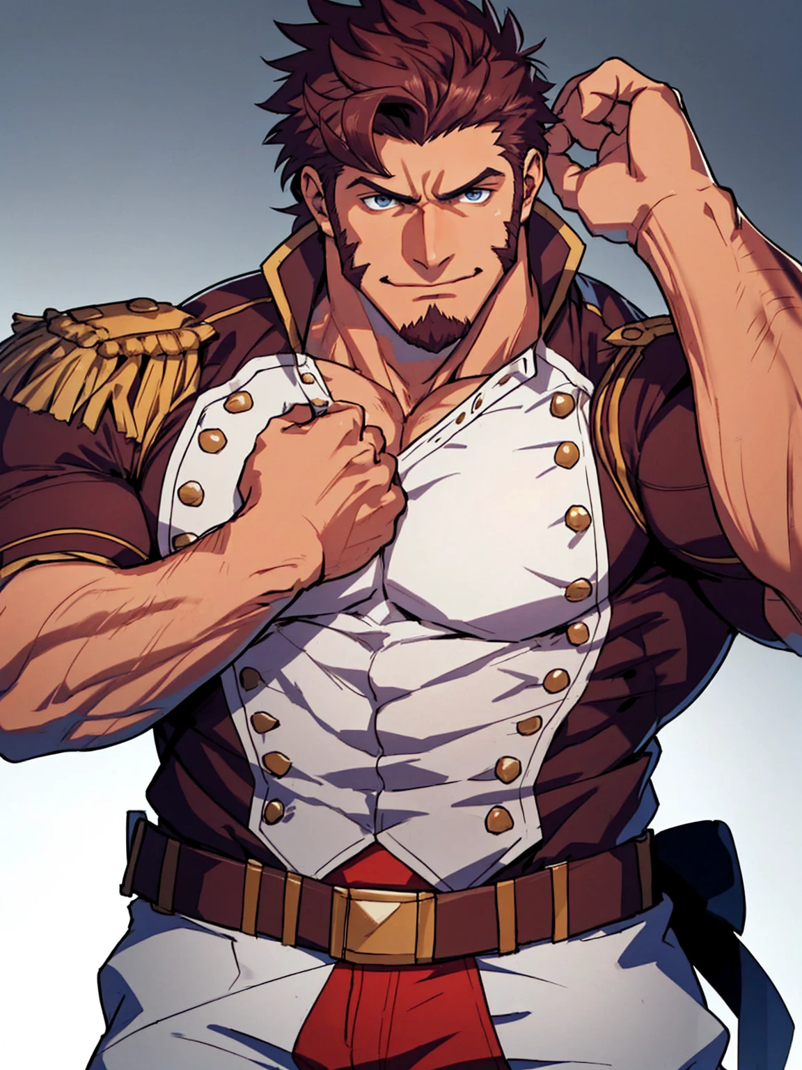 (Passionate, romantic), (Bara hunk with bulging muscles and rugged features, anatomically correct), (Best quality anime Fate), Napoleon Bonaparte from Fate, military uniform, showing off, (full body portrait)