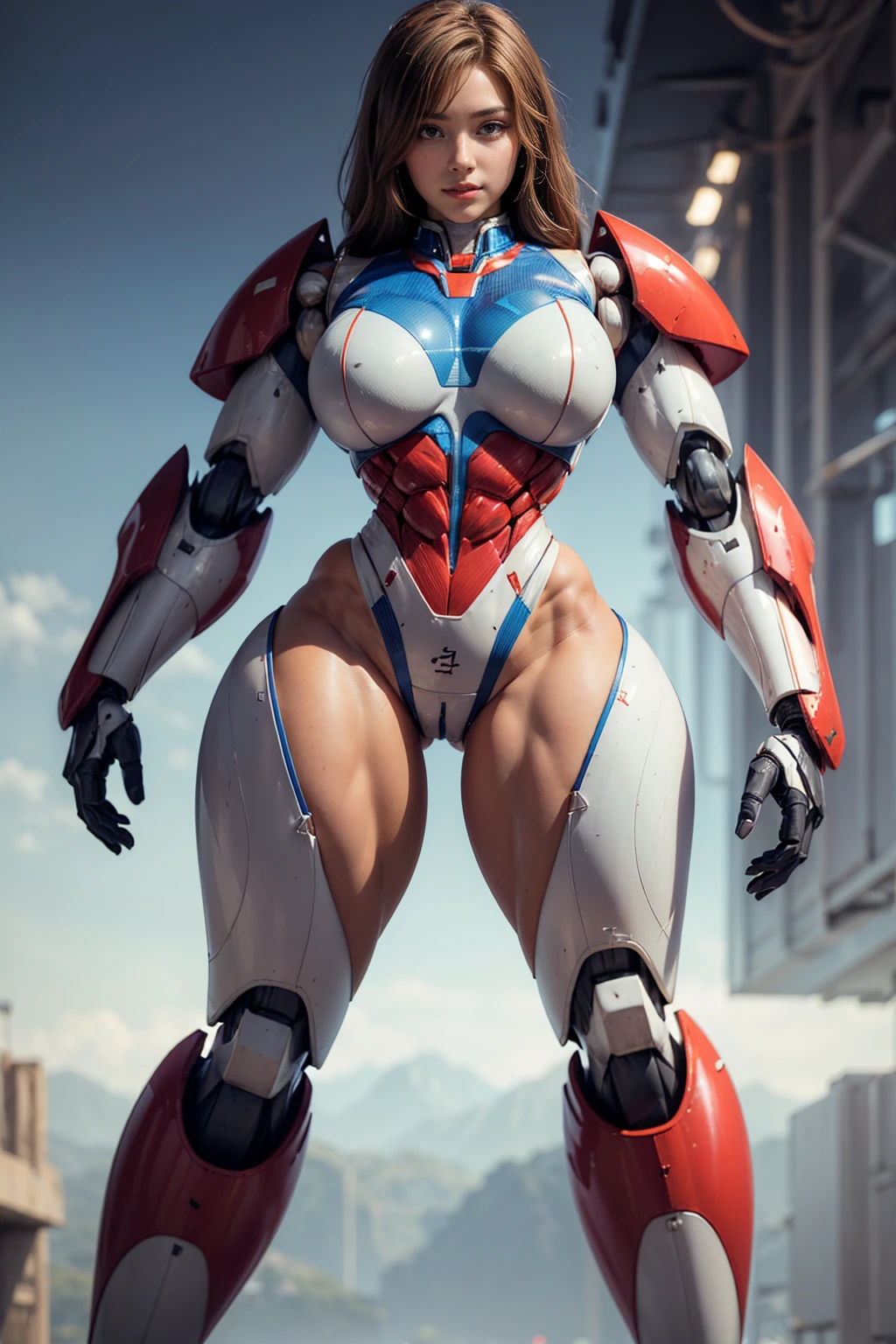 (Muscular:2), (thick thighs:1.5), (wide hips:1.5), (large muscular chest and shoulders:1.4), FEMALE, brown hair, long brown hair, (big smile:0), (cute slim mecha suit from the future:1.5), looking at viewer, (three quarter view:1.1), upper body view, (lab:1.5), dark lighting, detailed skin, detailed eyes, (dark skin:1.), (very thin waist:1.3), (huge round muscles:1.5),