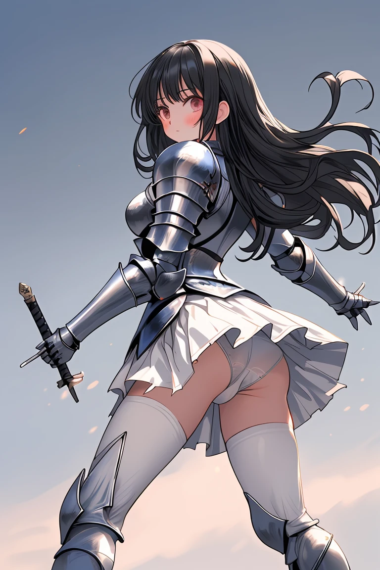 female knight Black Hair armor Torn white skirt White underwear White tights battlefield