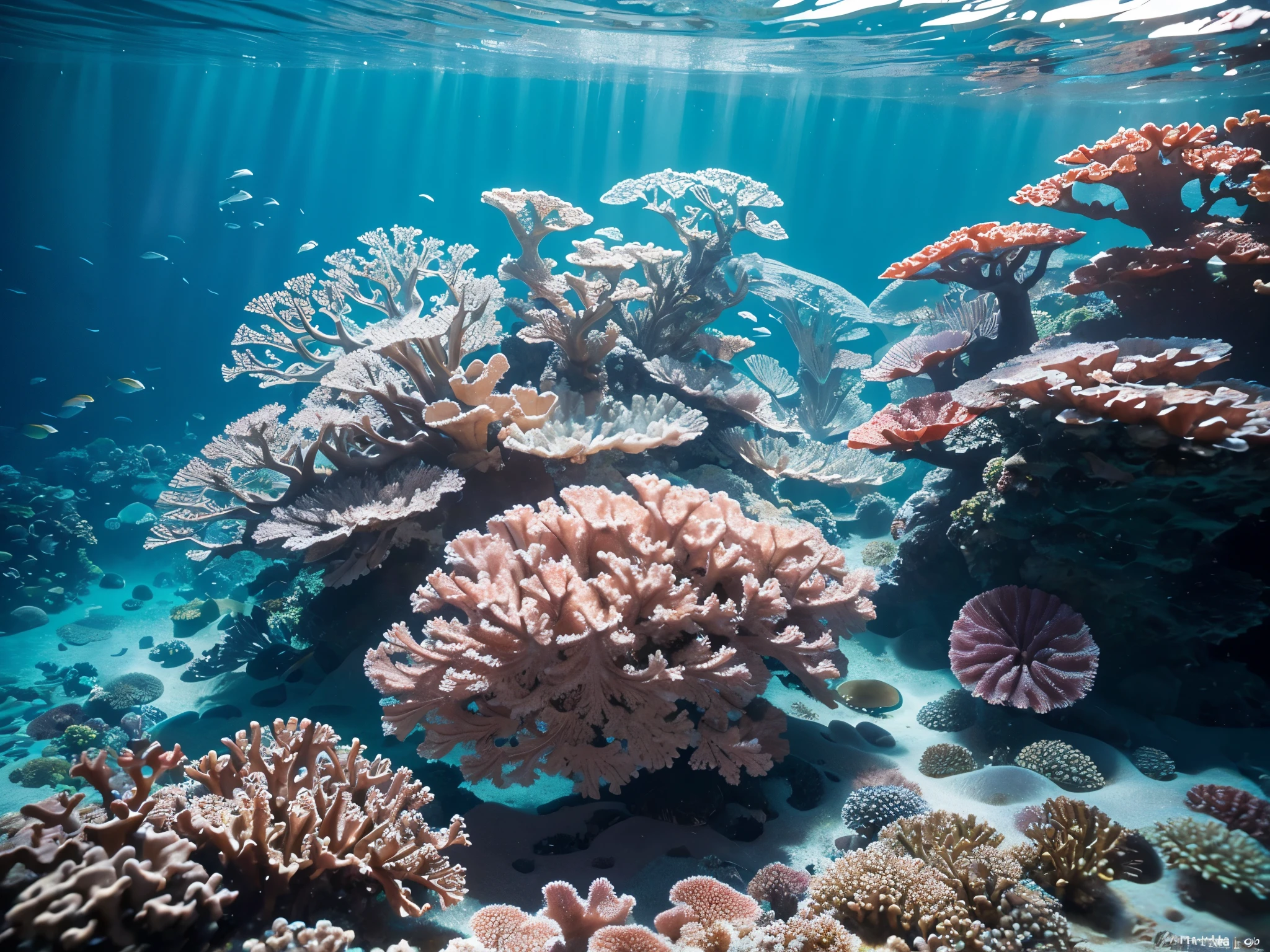The swirling patterns of water waves cascade over vibrant coral reefs, creating a mesmerizing underwater landscape. This stunning image, whether captured in a photograph or expertly painted, depicts the intricate beauty of marine surfaces in intricate detail. The crystal-clear waters reveal a myriad of colors and textures, from the delicate corals to the shimmering sunlight dancing on the waves. Each element is captured with precision and vividness, immersing viewers in the awe-inspiring world beneath the sea.
