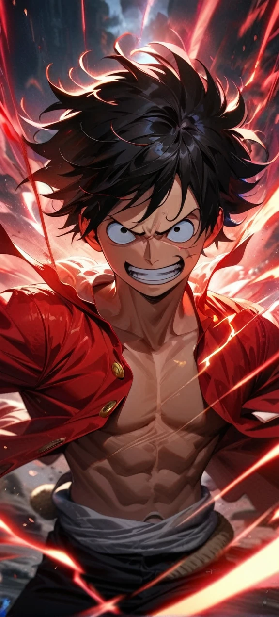 High quality, ,absurdres, highres, ultra detailed, HDR, masterpiece, extremely detailed face and eyes, Luffy , One Piece,, Black hair ,red shirt, solo, ,man, handsome, ,, Epic fight scene, red splashing effect,red lightning effect,glowing glitters , full effect, symetrical , close up