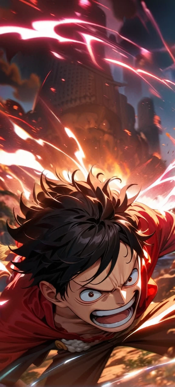 High quality, ,absurdres, highres, ultra detailed, HDR, masterpiece, extremely detailed face and eyes, Luffy , One Piece,, Black hair ,red shirt, solo, ,man, handsome, ,, Epic fight scene, red splashing effect,red lightning effect,glowing glitters , full effect, symetrical , close up