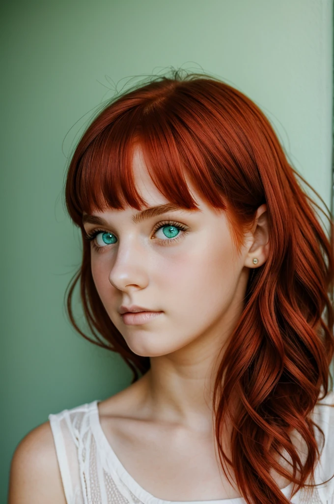 Teenage girl with mint green eyes and red hair