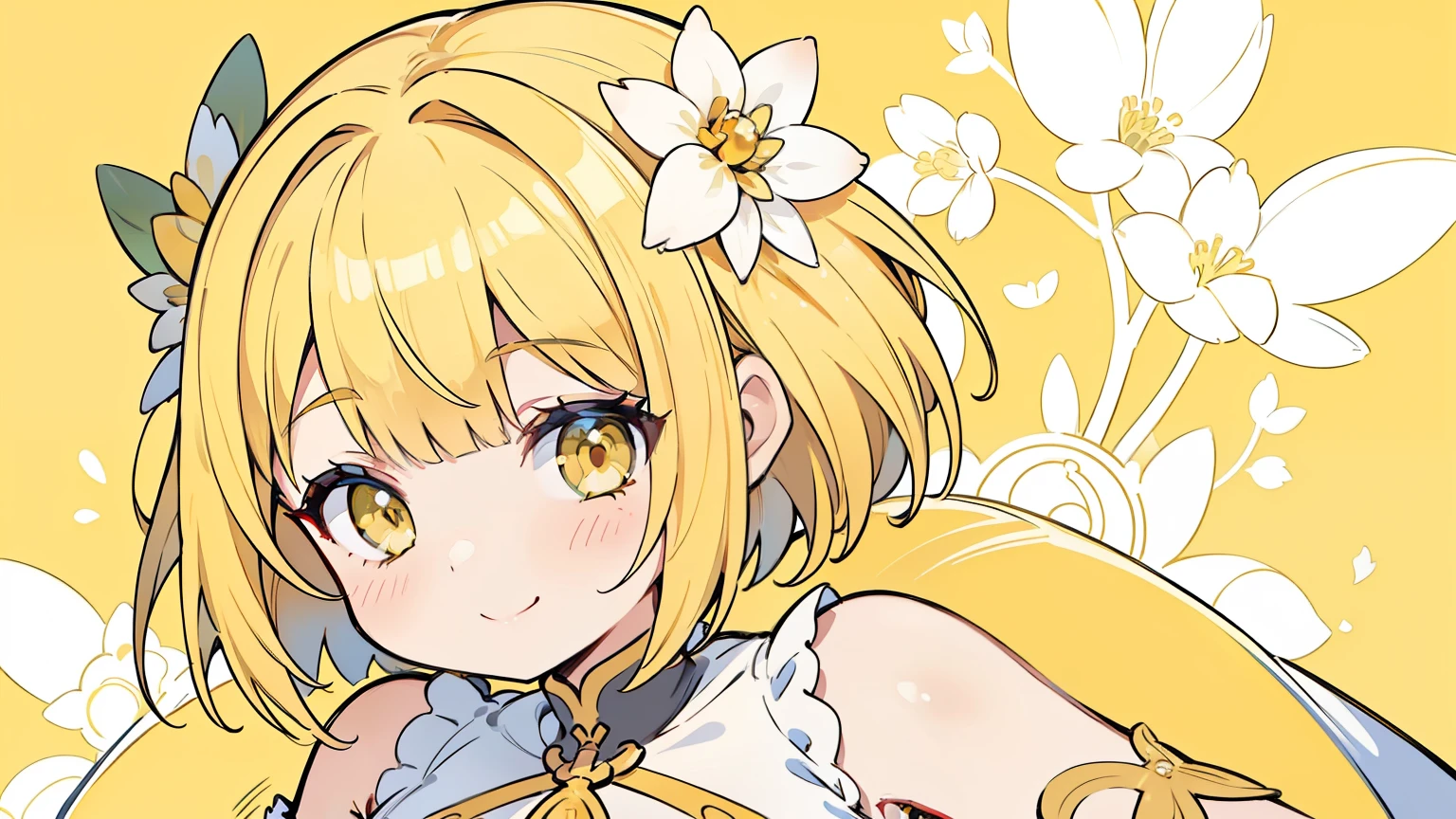 masterpiece, beautiful detailed, {wearing casual wear}, yellow theme, yellow background, yellow Eyes, yellow hair, bob cut, 1girl, big smile, medium breasts, hair ornament, hair intakes, from right, {{{{{Alphonse Mucha}}}}},{{{bold outline}}}, limited palette