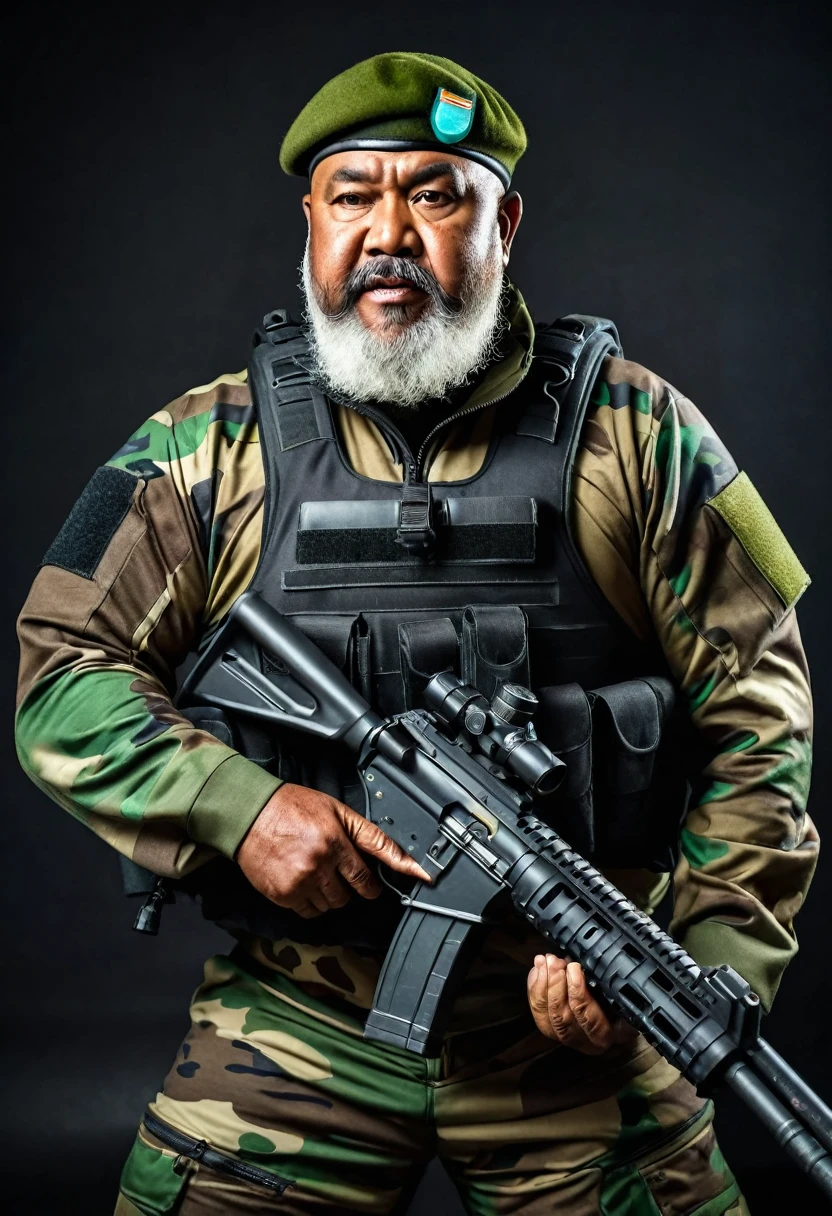 (a dark-skinned bearded fat old man in a bulky camouflage zipper diver suit) wearing army beret, shooting with a gun, muscular, Basuki Abdullah, sumatraism, action, a character portrait, heroic, fierce, snarling