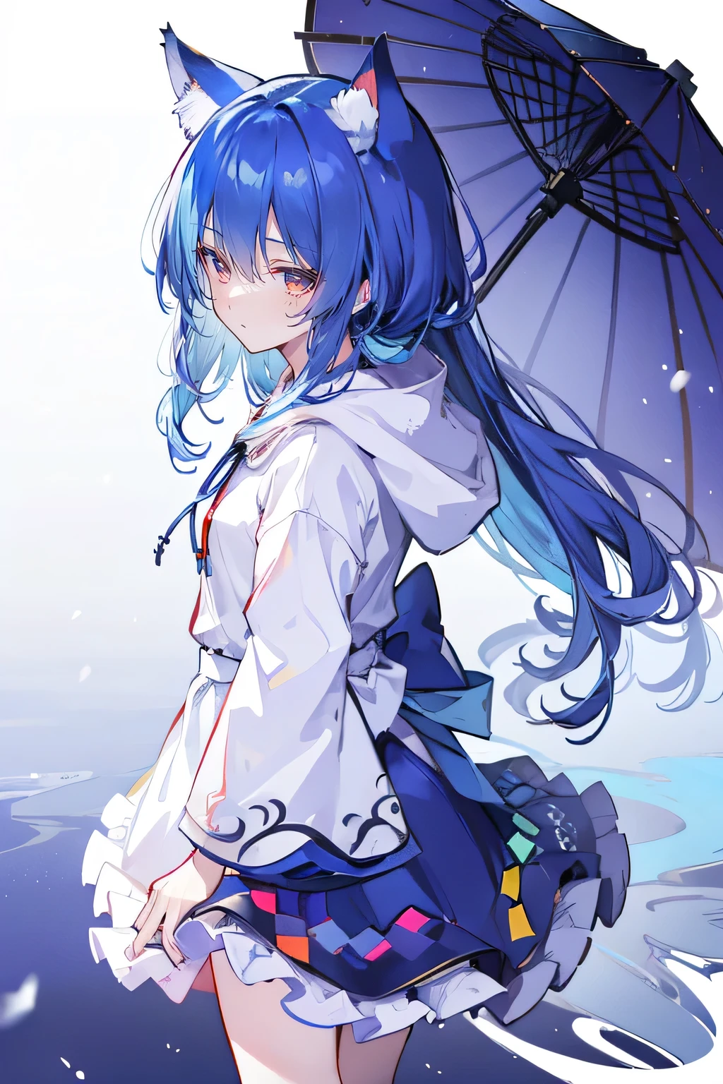 (masterpiece:1.2),Super detailed,lifelike,Expressive eyes,fair skin,perfect face shape,1 girl,
Japanese comics,Gorgeous blue hair,flowing blue hair,flowing clothes,Cat ears,Petals fall,beautiful lola,Baby Angel,
Shaking head with one hand,Cross your legs,Gentle and peaceful background,The pavilion is cool and comfortable,smile, wearing hoodie, background of tokyo,back views,snowing, winter,Angel Wings。