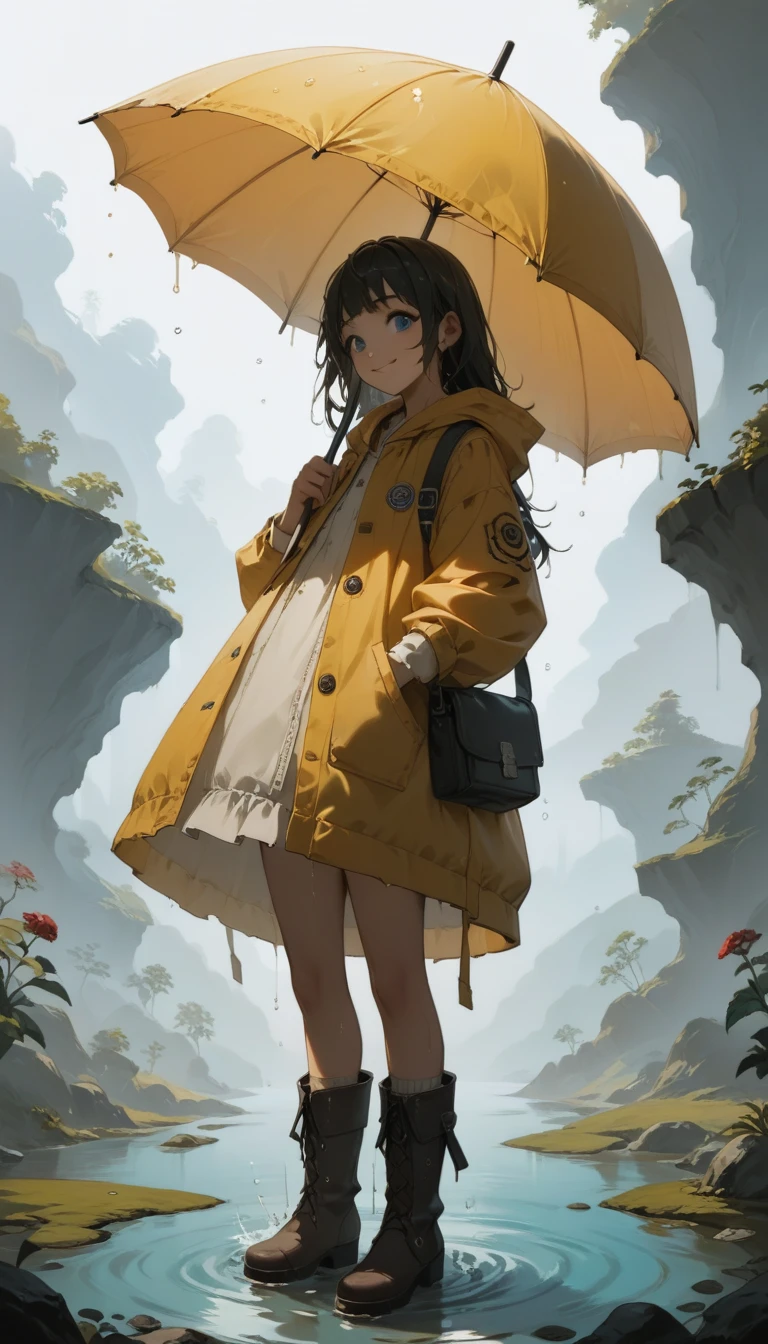 quality\(8K,非常に精細なCGユニットのwallpaper, masterpiece,High resolution,top-quality,top-quality real texture skin,Surreal,Increase the resolution,RAW Photos,最高quality,Very detailed,wallpaper\),BREAK、One Girl、5talent、Little Girl、Innocent and cute face、smile、Wet day、Yellow raincoat、Boots、Spinning an umbrella、長靴でpuddleの水をスパークさせている、garden、puddle、
