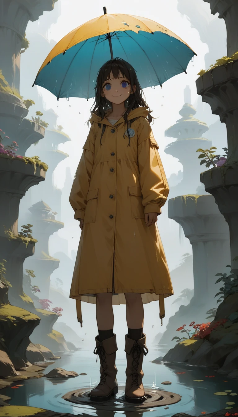 quality\(8K,非常に精細なCGユニットのwallpaper, masterpiece,High resolution,top-quality,top-quality real texture skin,Surreal,Increase the resolution,RAW Photos,最高quality,Very detailed,wallpaper\),BREAK、One Girl、5talent、、Innocent and cute face、smile、Wet day、Yellow raincoat、Boots、Spinning an umbrella、長靴でpuddleの水をスパークさせている、garden、puddle、