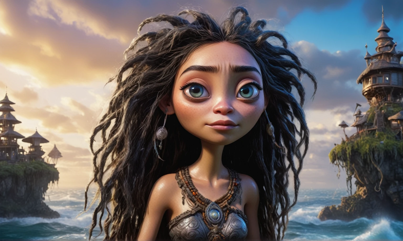 view from height,full-body-shot,obsidian The Alien Entity Moana, sassiness temper,natural jellyfish's skin textures, hyper realisitc, hyper detailed,Extremely detailed,High contrast, ,Realistic,Ultra Detailed,intricate details,realistic humid skin,extremely intricate,Epic Realistic, Romantic, cinematic style,irina yermolova, messy hair,extremely detailed, ,masterpiece,intricate details,faded,eyes extremely detailed, high detailed eyes,32k resolution, Nikon Z9,orc's village of fishers,National Forest Park,full body length,mother-of-marble,ominous landscape,floating islands on background in dangerous atmosphere,intricate details,realistic humid skin,extremely intricate details,anatomically correct,faded,eyes extremely detailed, high detailed eyes,UHD,Retina,HDR,natural skin textures, hyper realism, hyper detailed,High contrast,Realism,Ultra Detailed,irina yermolova,close full body shot, masterpiece,faded,32k resolution, Nikon Z9,sunset, a Tim Burton-inspired dreamscape,Bun Hair,(Folk clothes:1.5),Mestichino,Light particles,marble's leather